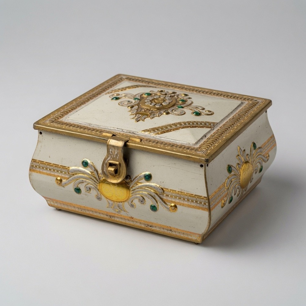 Vintage Enameled Metal Jewelry Trinket Box Cream Gold Green Filigree Latch
